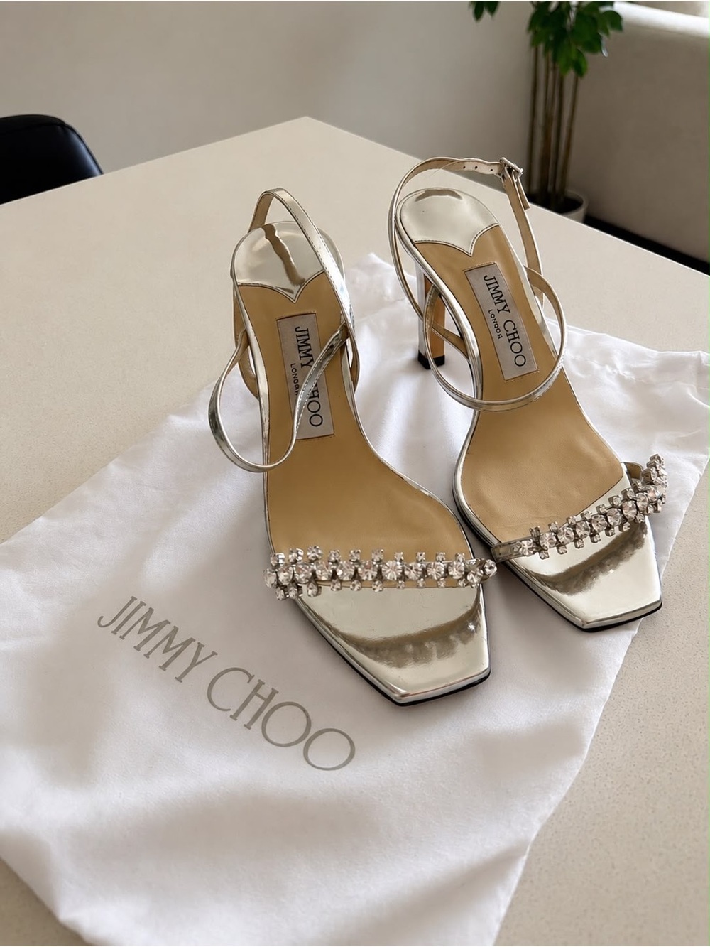 Jimmy Choo Metallic Silver Crystal-Strap Sandals
